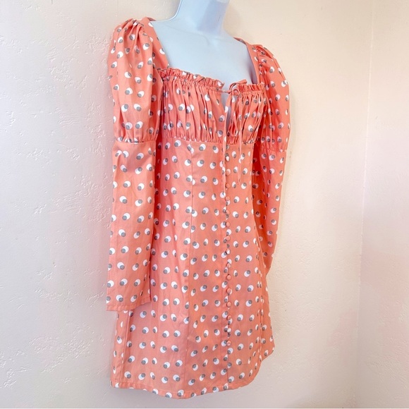 EGGIE X UO Puff Sleeve Button Front Fitted Babydoll Dress Size S Peach Dot NWT - Picture 3 of 13